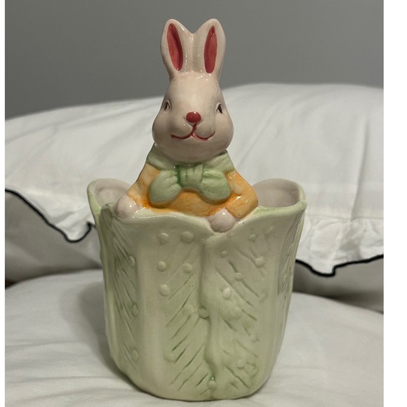 Bloomrite Other - Bloomrite Bunny Rabbit Cabbage Planter Easter Decor Green White 6.5in 
 Glazed